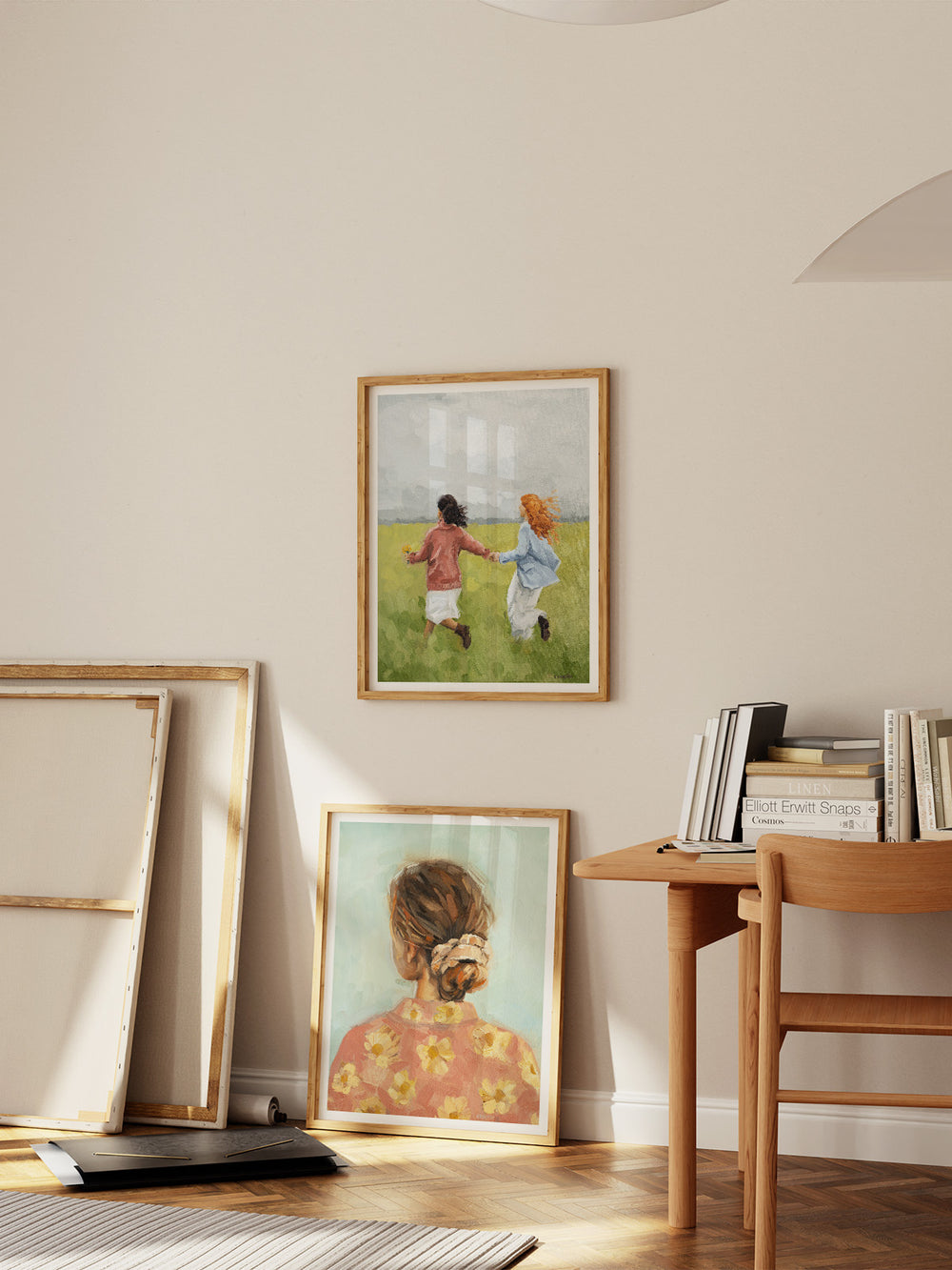 Art print of an original oil painting featuring two women running hand-in-hand through a field, chasing dreams together.