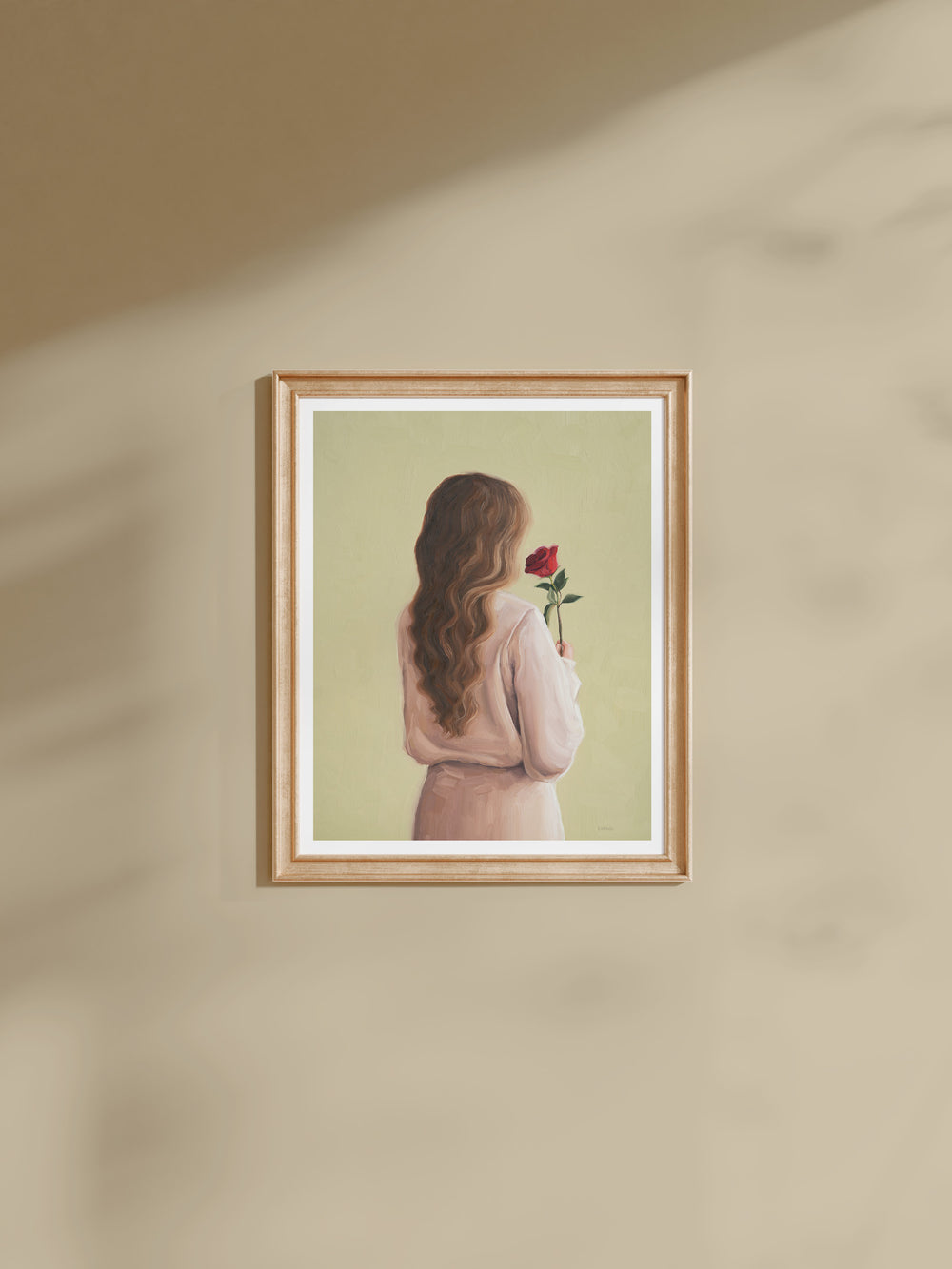 Ar print "Girl With A Rose"  featuring a woman with flowing hair holding a red rose, symbolising love and reflection.