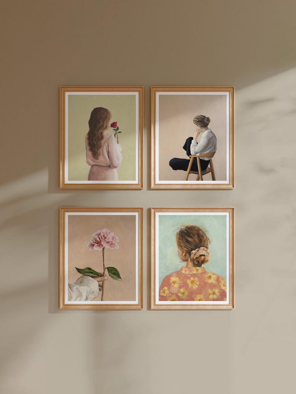Ar print "Girl With A Rose"  featuring a woman with flowing hair holding a red rose, symbolising love and reflection.