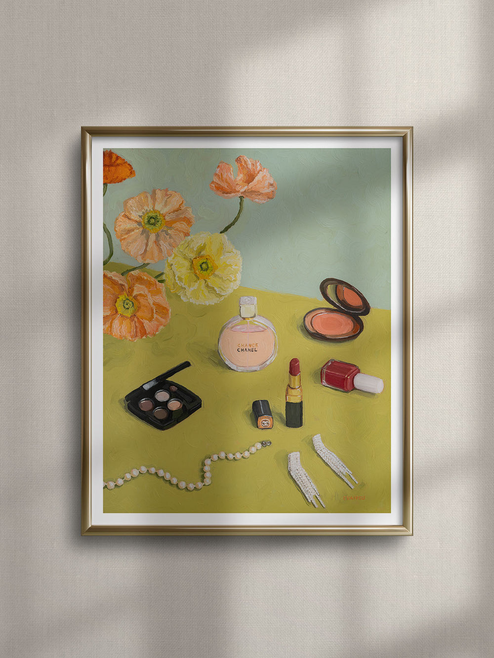 still life art print featuring poppy flowers, make-up set and jewelry