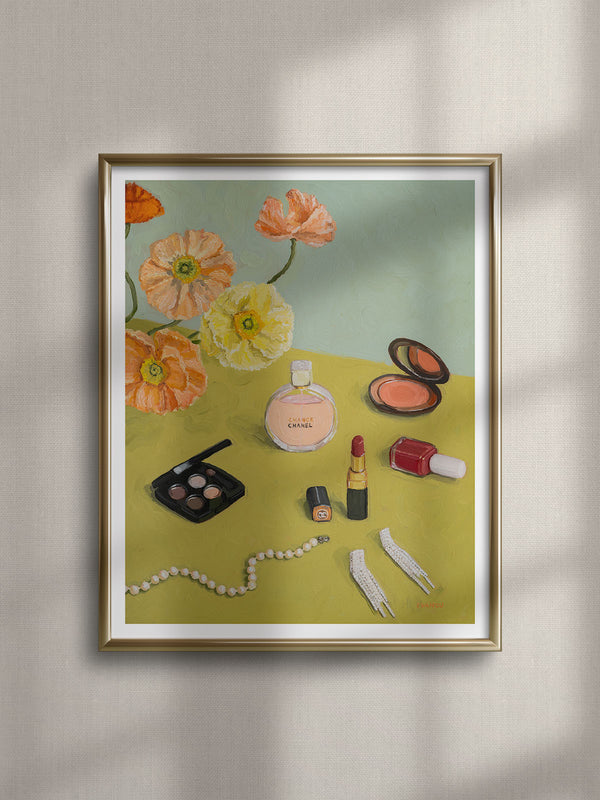 playful still life artwork framed in gold