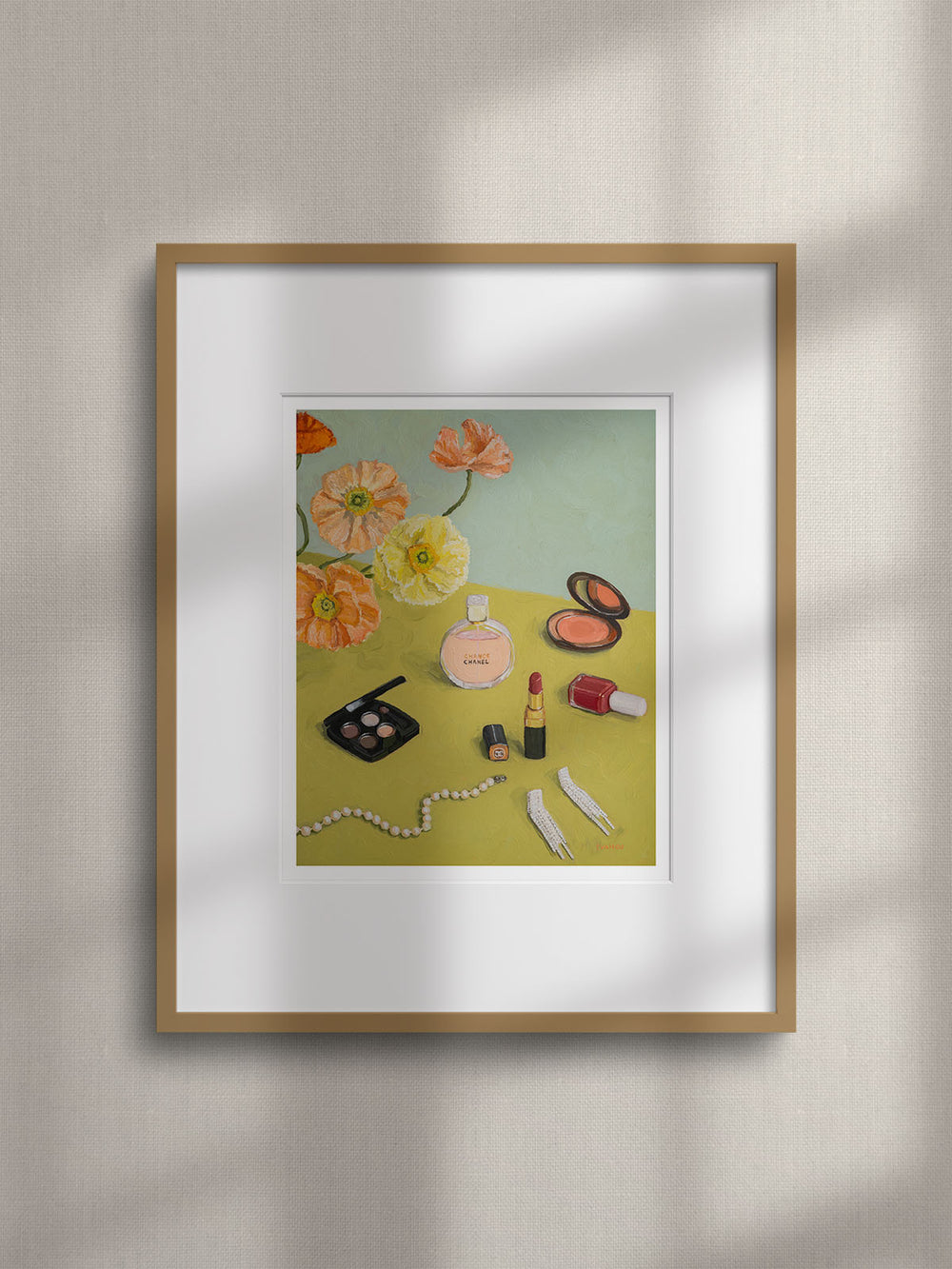 still life art print featuring poppy flowers, make-up set and jewelry
