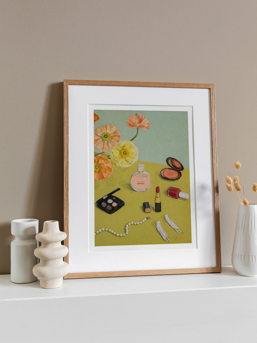 still life art print featuring poppy flowers, make-up set and jewelry