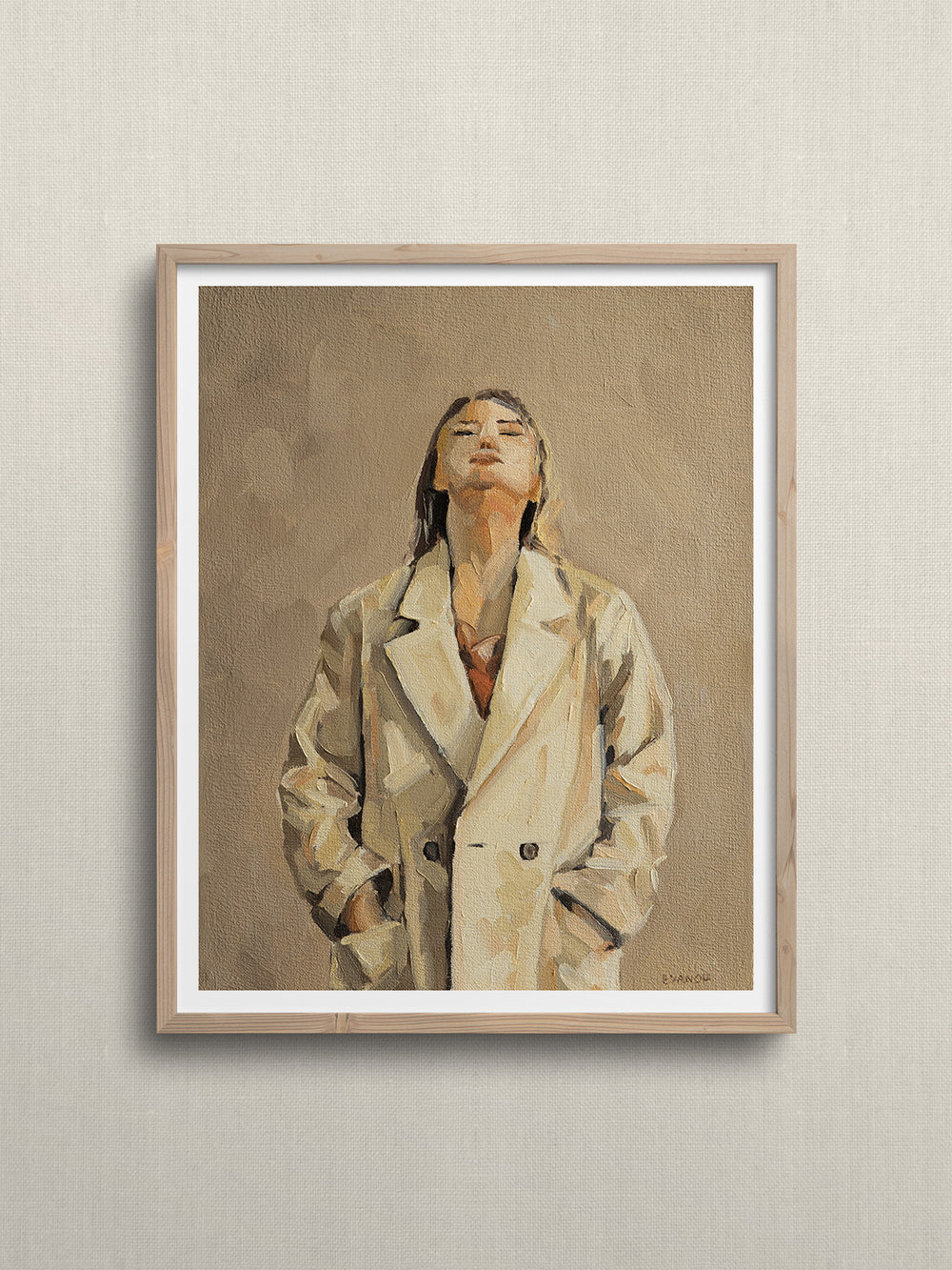 Art print of the aoriginal oil painting featuring a woman adorned in a beige coat, with her hands tucked into the pockets.