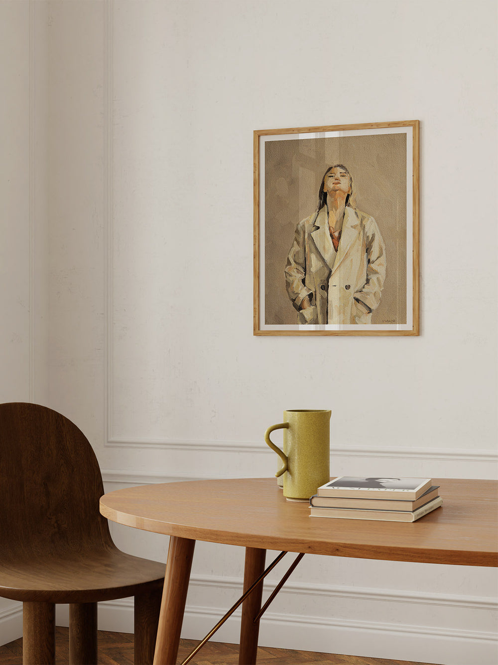 Art print of the aoriginal oil painting featuring a woman adorned in a beige coat, with her hands tucked into the pockets.
