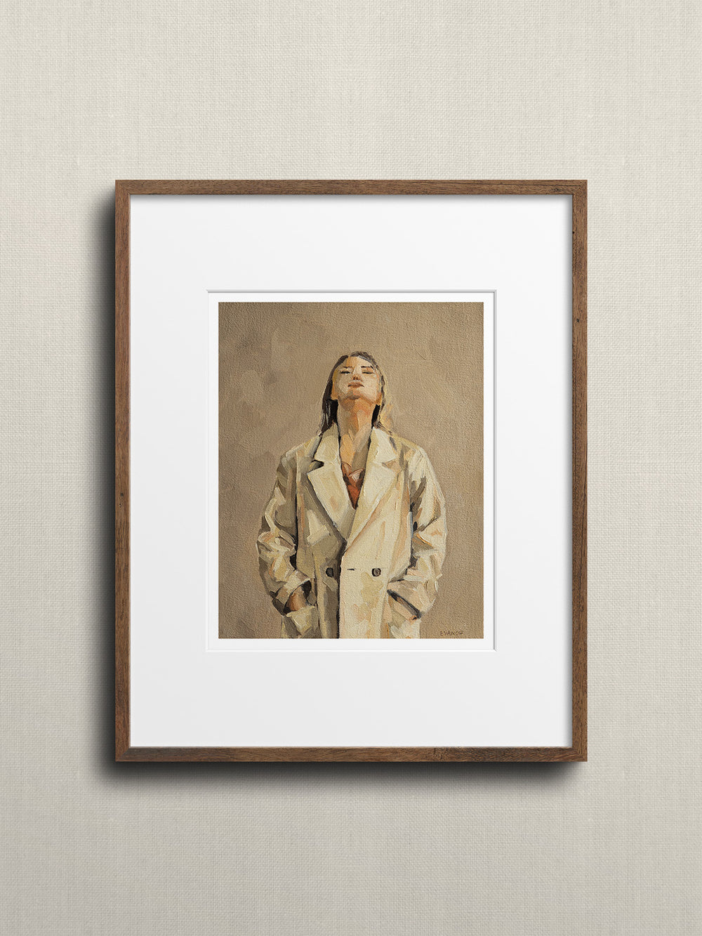 Art print of the aoriginal oil painting featuring a woman adorned in a beige coat, with her hands tucked into the pockets.