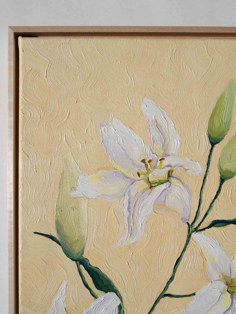 lilies original oil painting, framed in lime wood, pastel yellow art