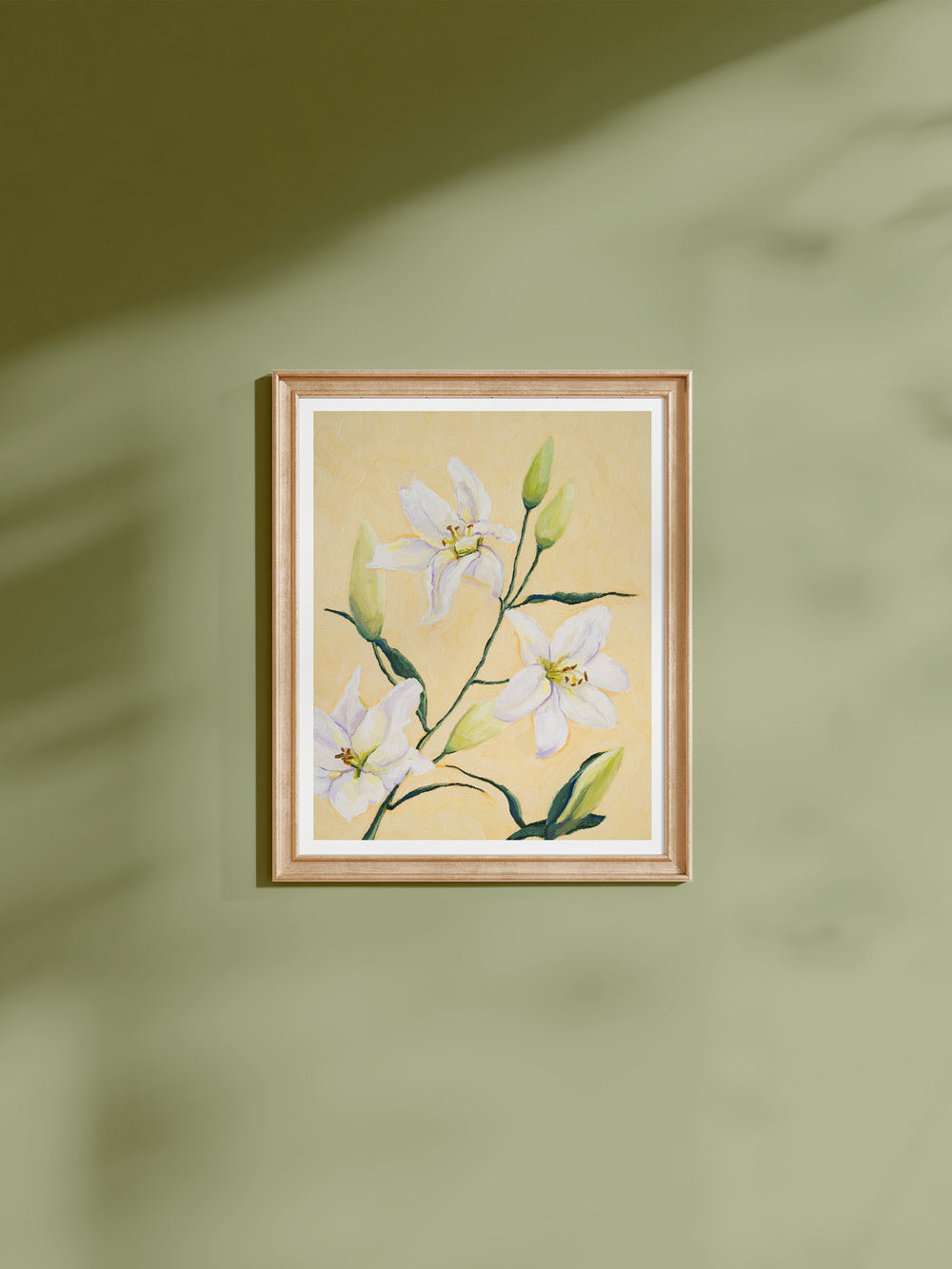 Yellow art print featuring white lilies