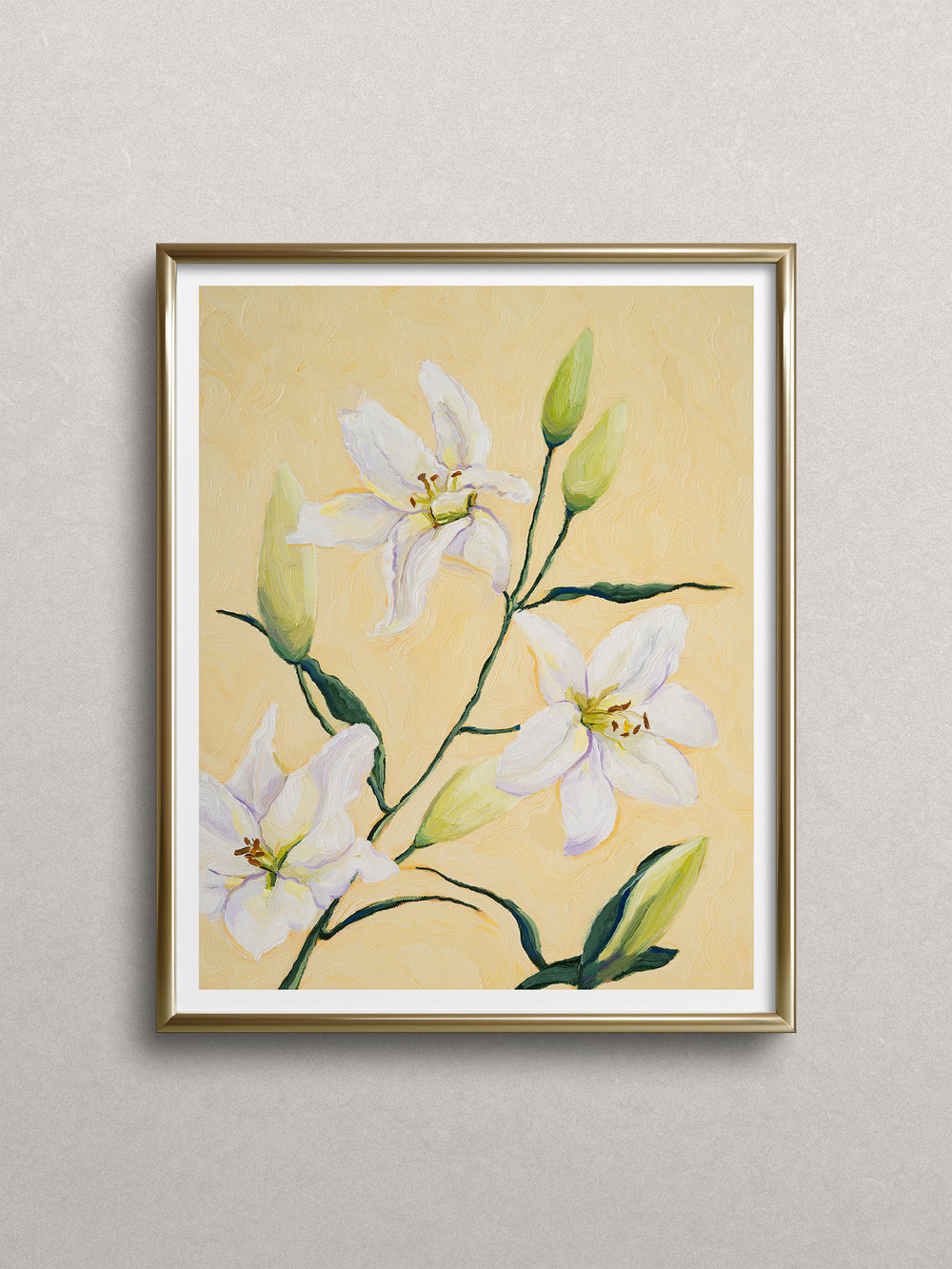 Yellow art print featuring white lilies