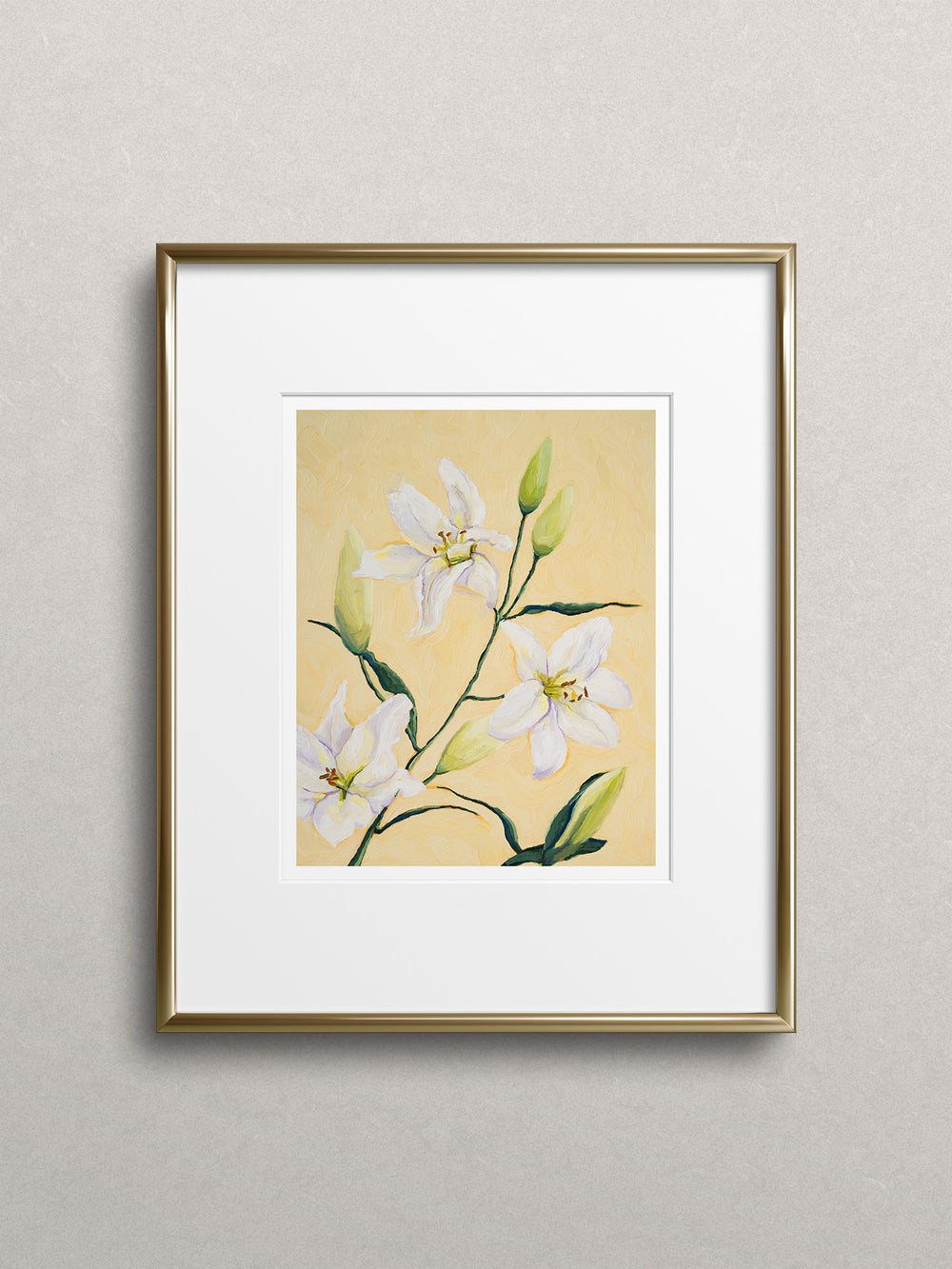 Yellow art print featuring white lilies