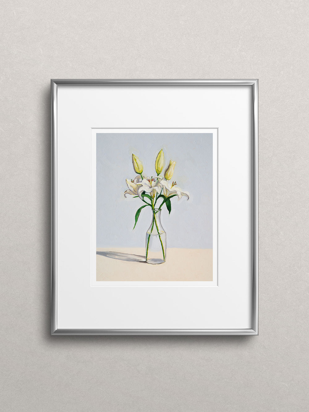 art print featuring white lilies in a glass vase set against light blue background