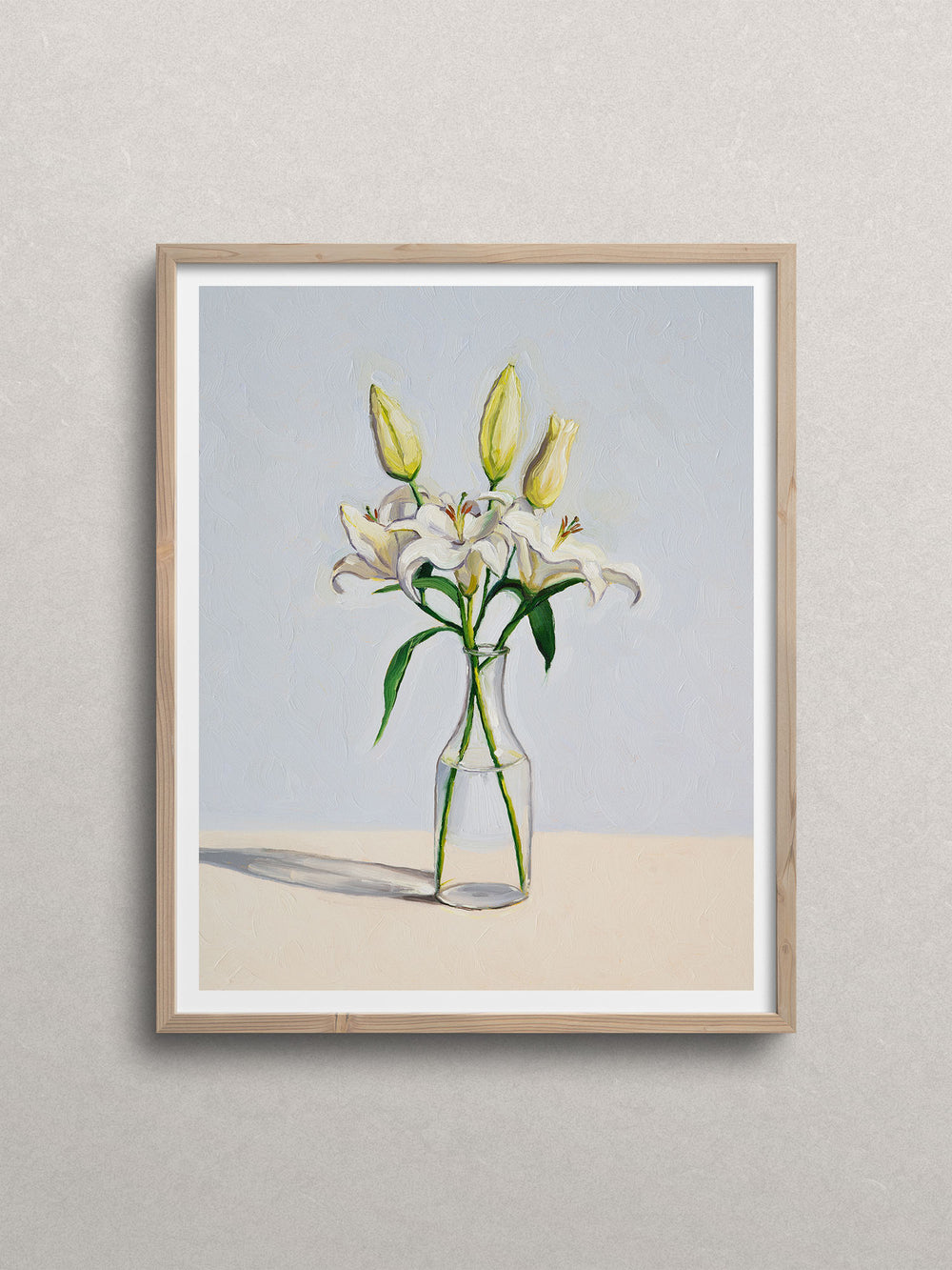 art print featuring white lilies in a glass vase set against light blue background