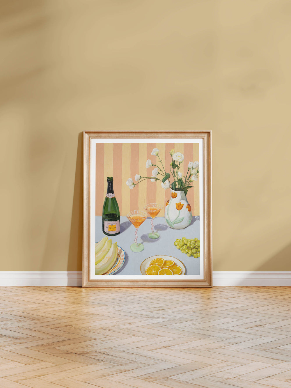 High-quality art print of Love At First Sip painting featuring champagne and fruits