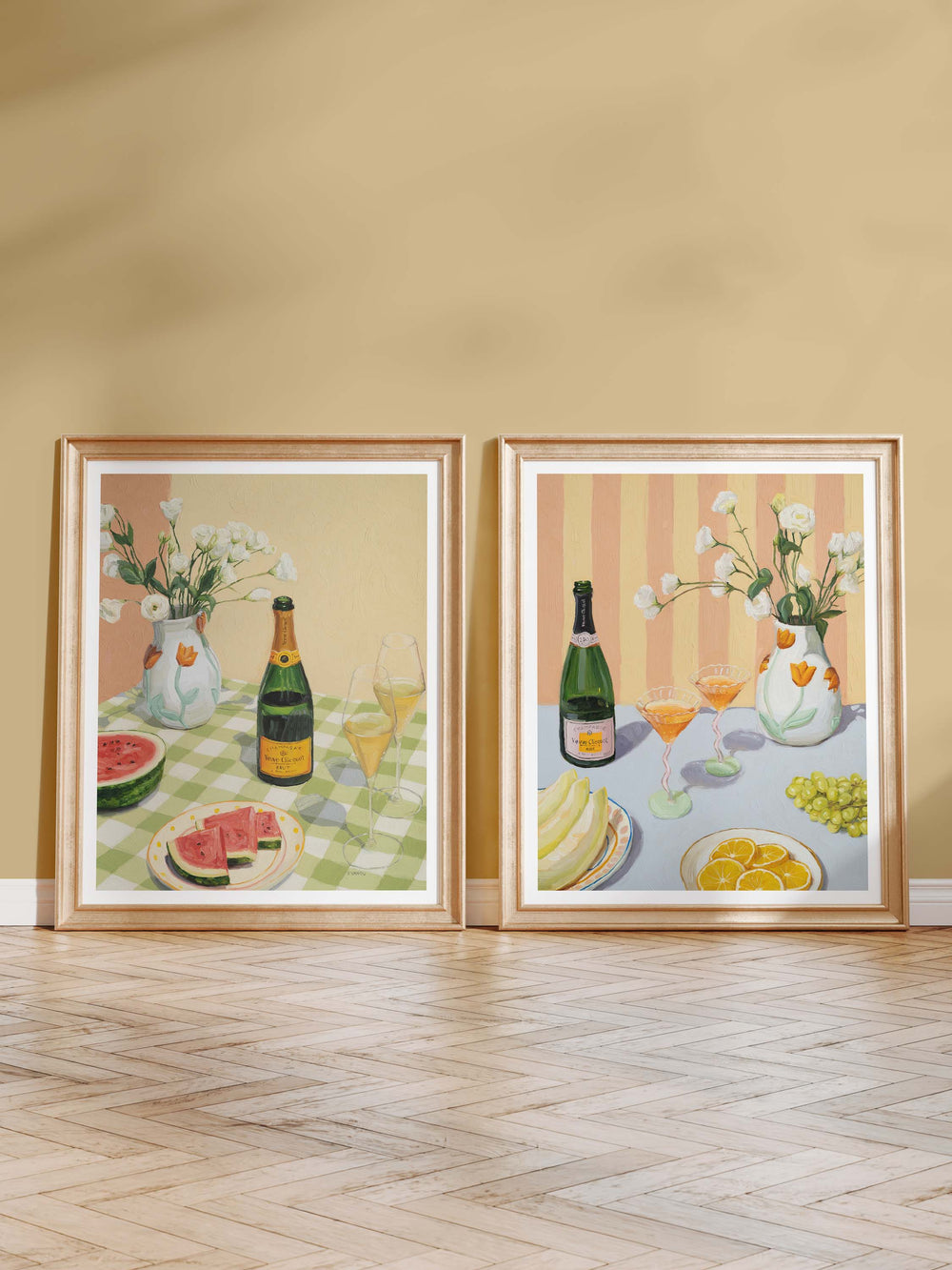 High-quality art print of Love At First Sip painting featuring champagne and fruits