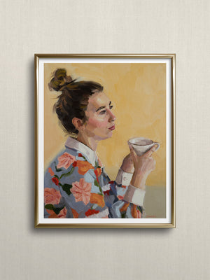 Portrait art featuring a woman holding a cup