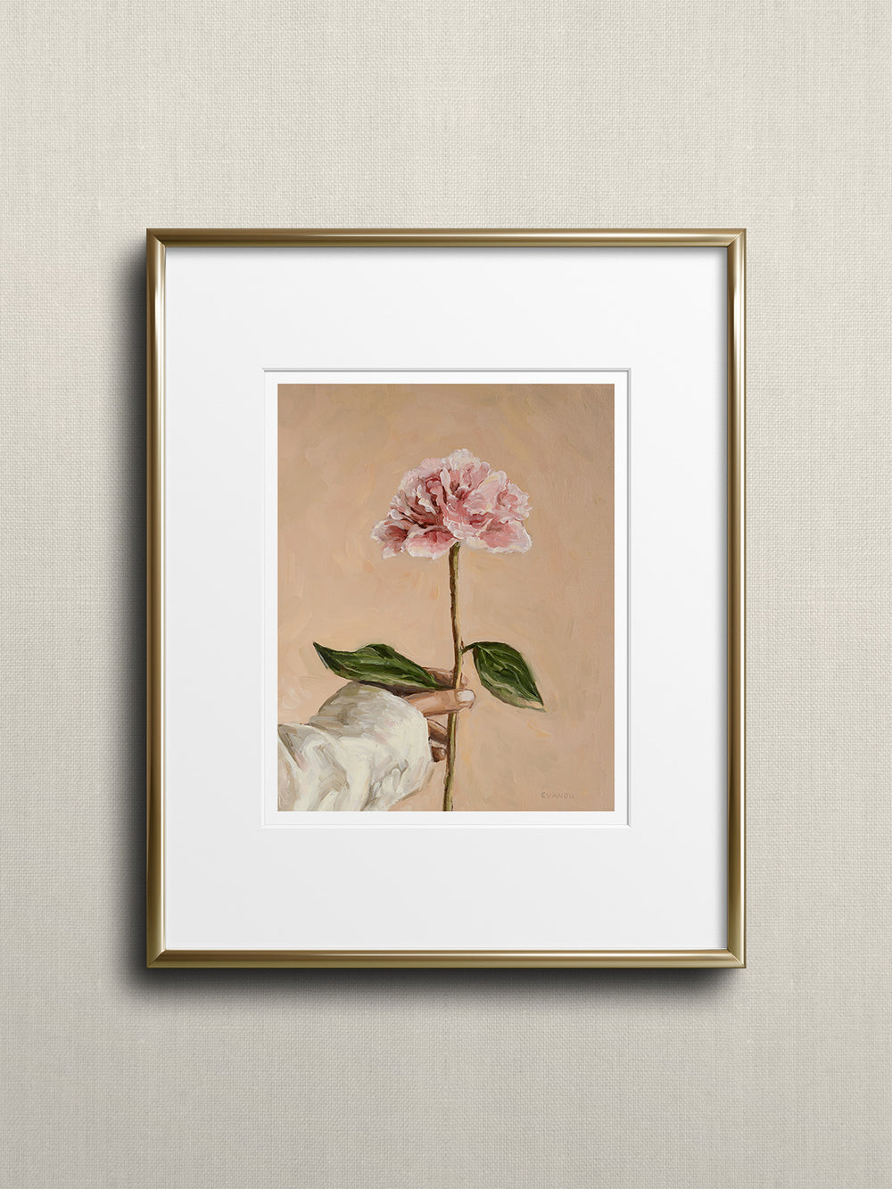 Art print picturing a hand holding a peony flower.