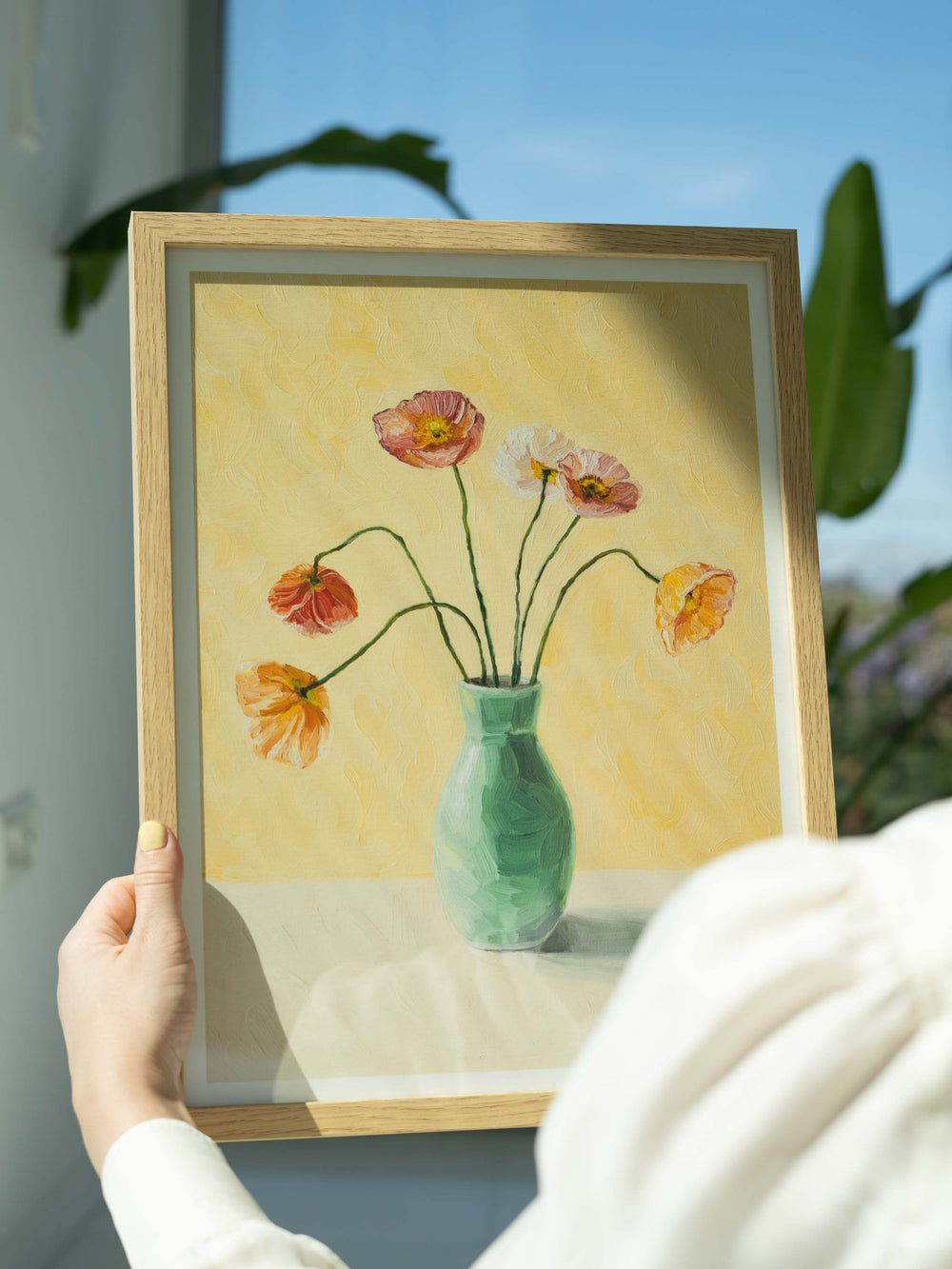 yellow art print featuring poppies in a vase