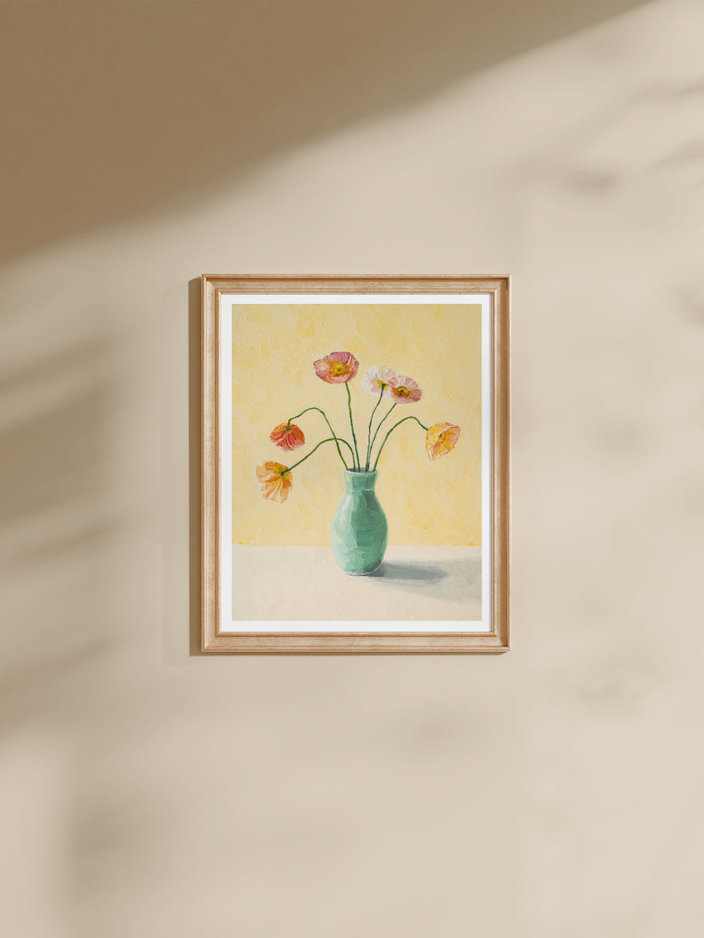 yellow art print featuring poppies in a vase