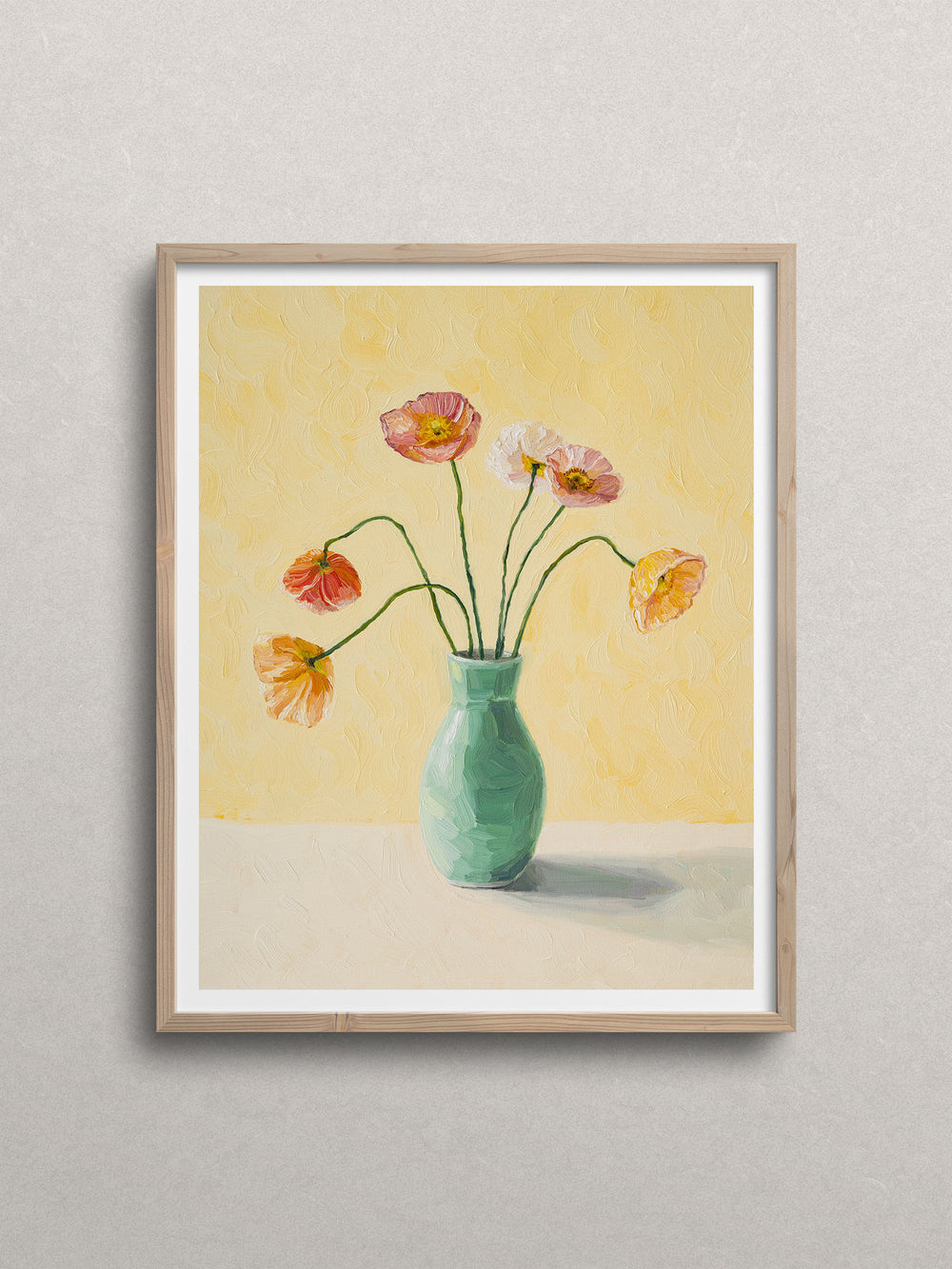yellow art print featuring poppies in a vase
