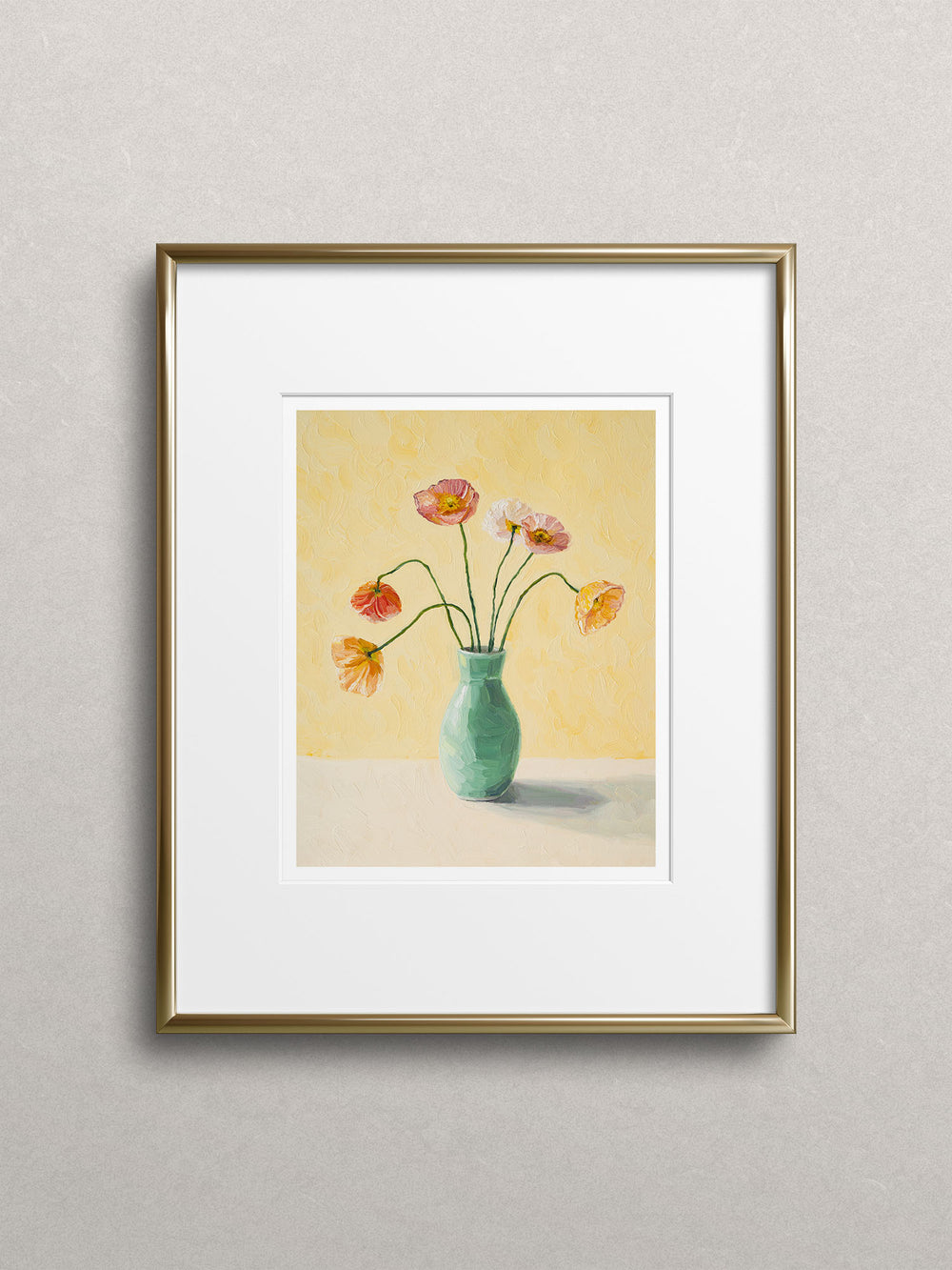 yellow art print featuring poppies in a vase