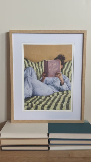Art Print featuring a woman in bed reading a book, Wall art for bedroom or reading nook