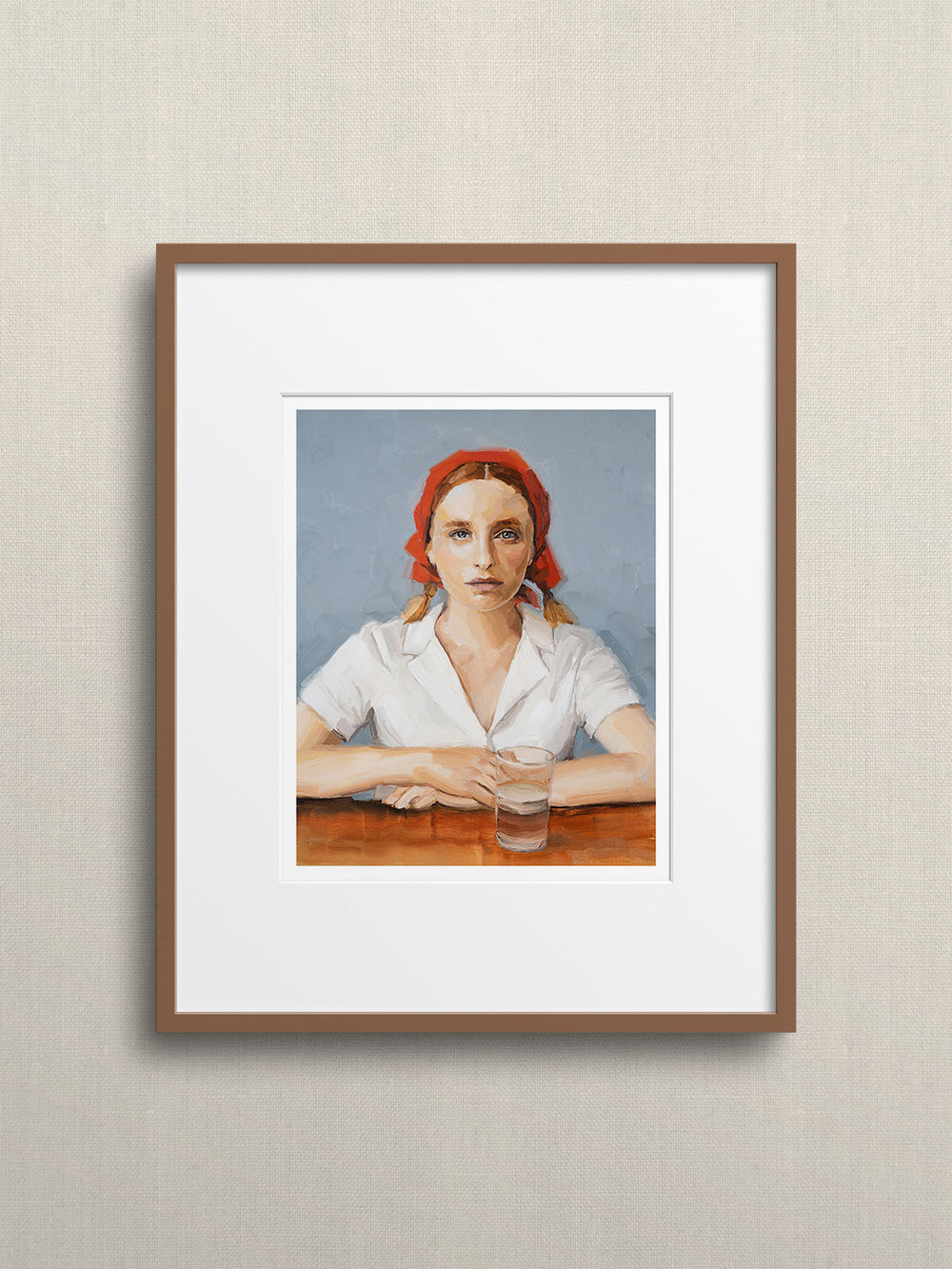 Art print of the original oil painting featuring a woman seated at a table