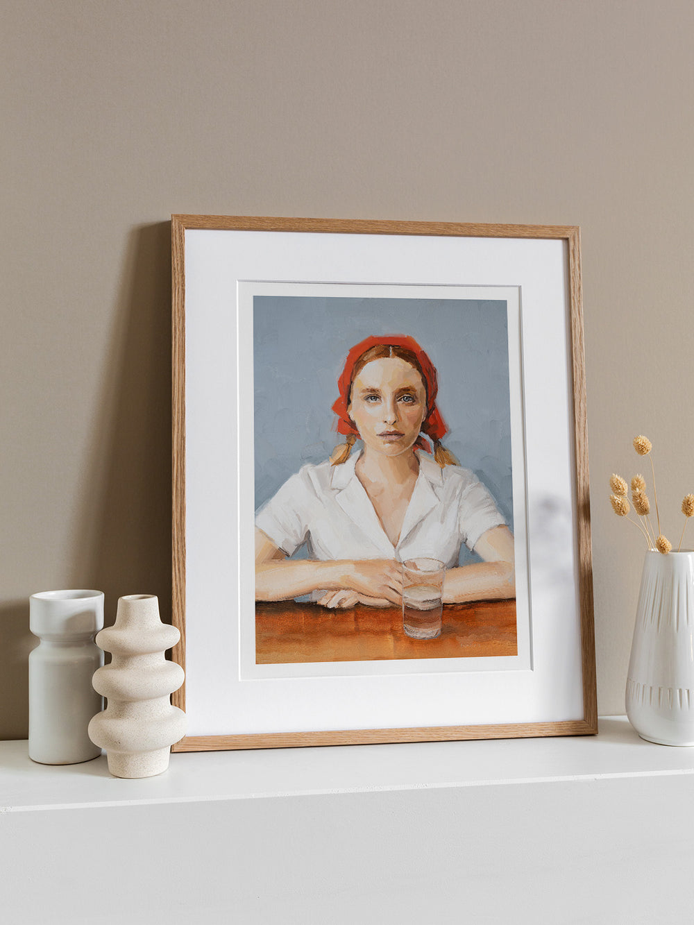 Art print of the original oil painting featuring a woman seated at a table