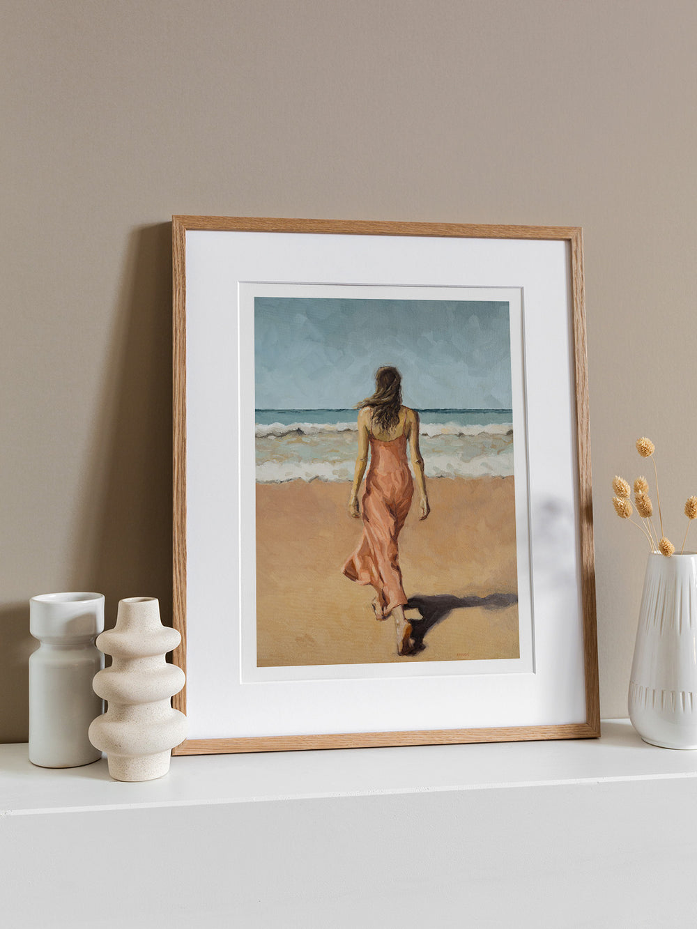 Art print of the original oil painting picturing a woman walking on the beach