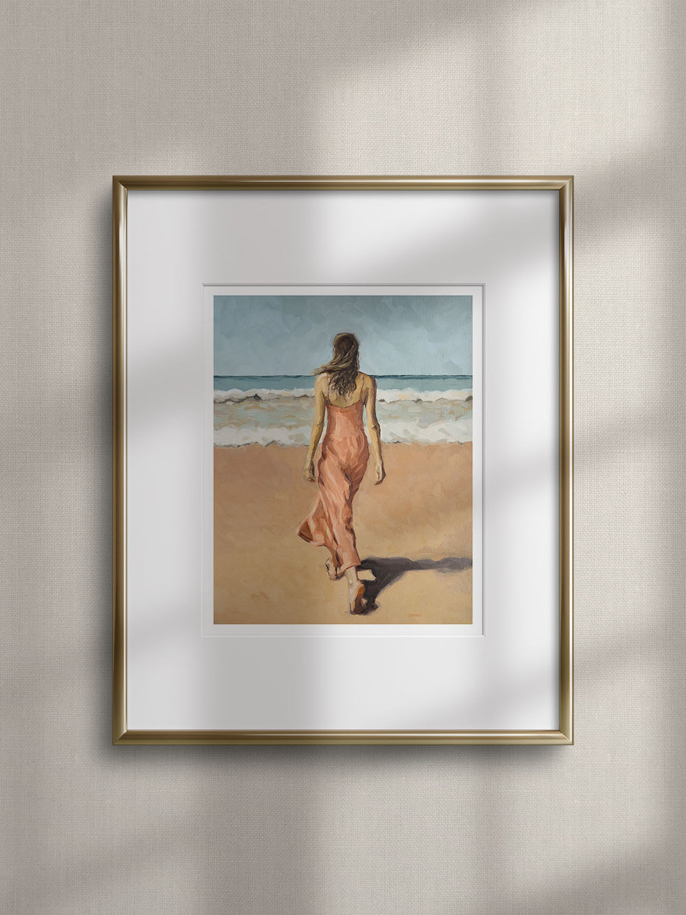 Art print of the original oil painting picturing a woman walking on the beach