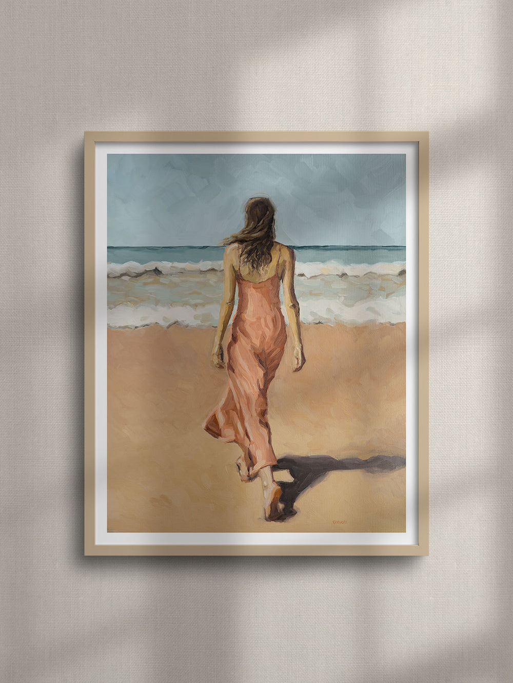Art print of the original oil painting picturing a woman walking on the beach