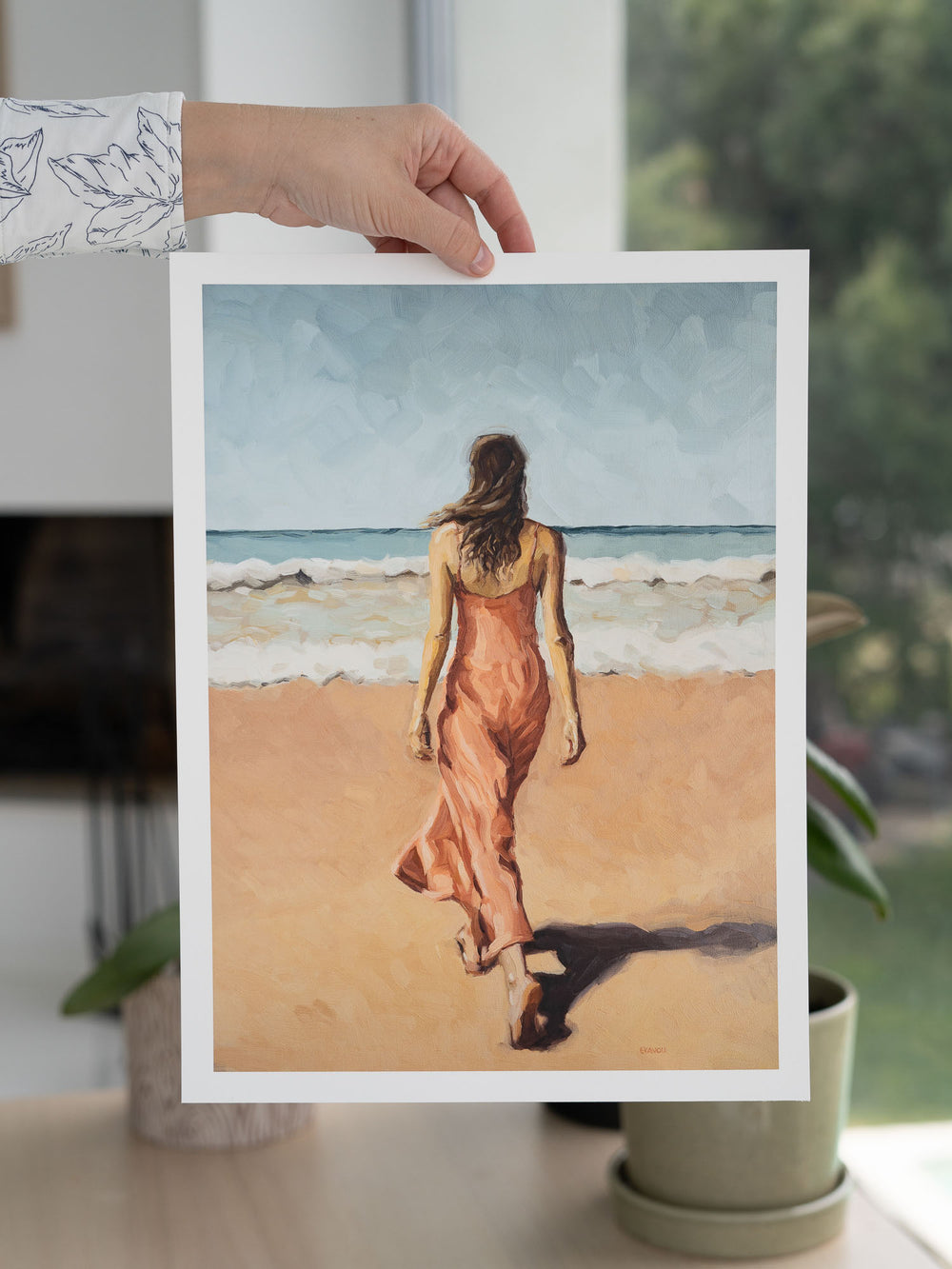 Art print of the original oil painting picturing a woman walking on the beach