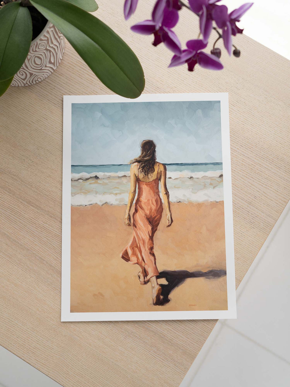 Art print of the original oil painting picturing a woman walking on the beach