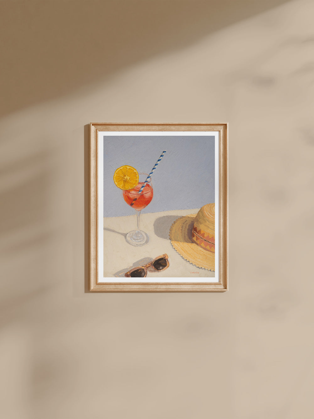 Summer theme art print featuring a drink, sun hat, sunglasses