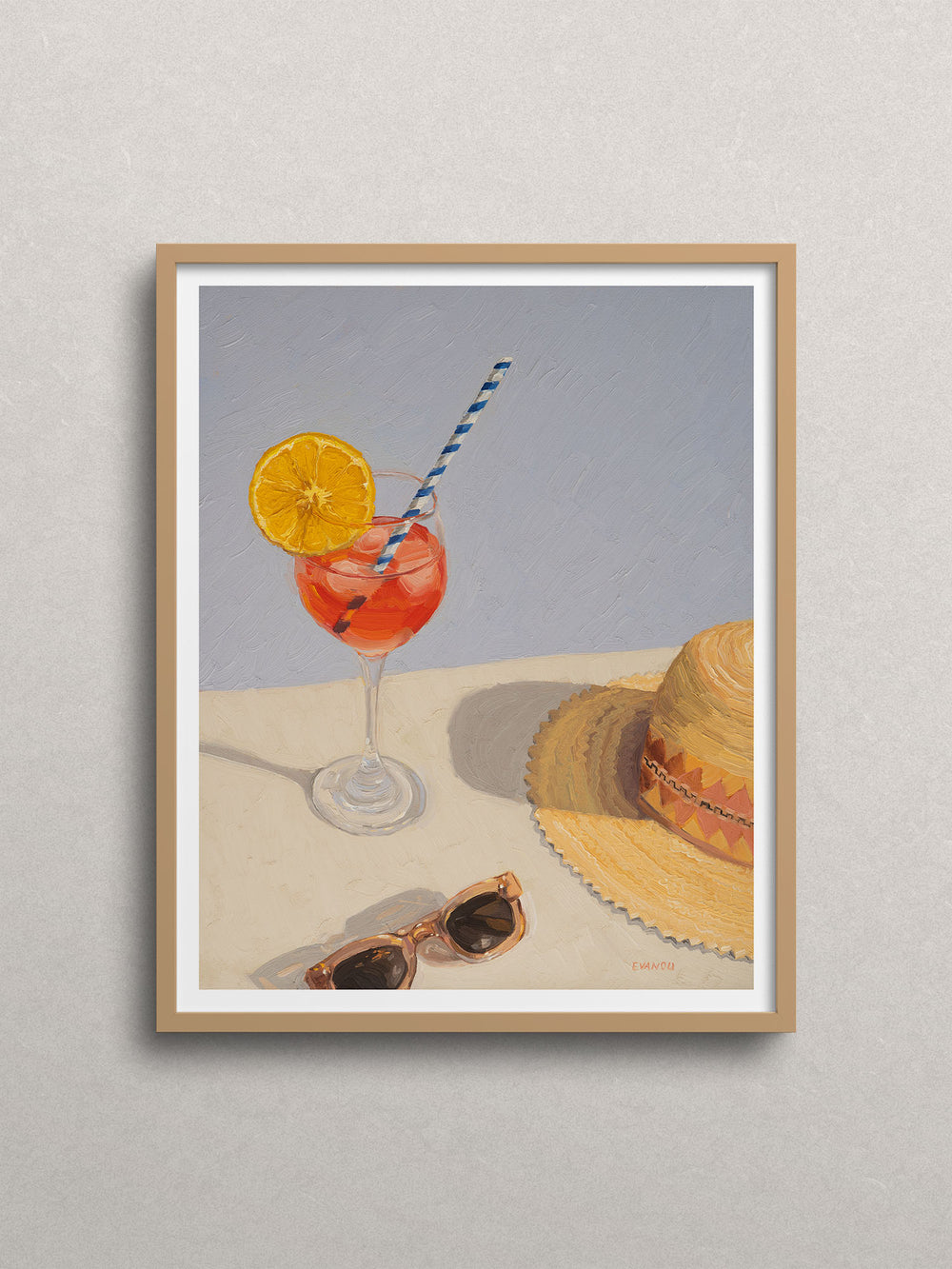 Summer theme art print featuring a drink, sun hat, sunglasses