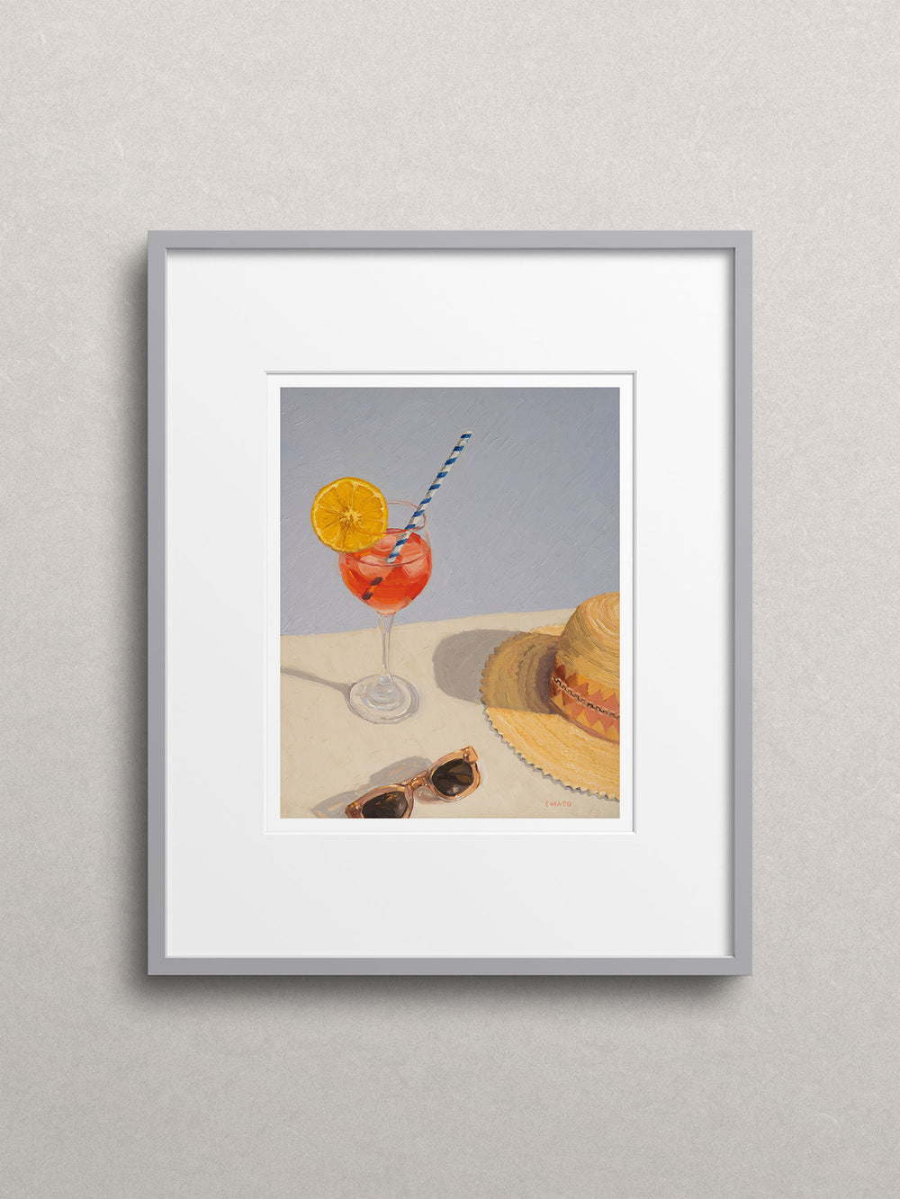 Summer theme art print featuring a drink, sun hat, sunglasses